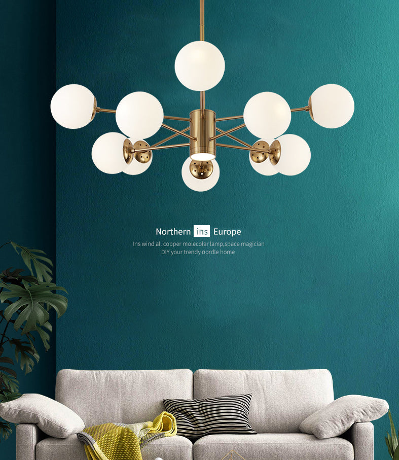 Milk White Glass Globe Shade Lighting 10 Light Chandelier with Spotlight Nordic Style Simplicity Lighting Pendant in Gold