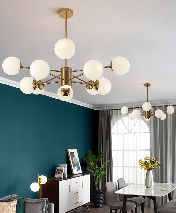 Milk White Glass Globe Shade Lighting 10 Light Chandelier with Spotlight Nordic Style Simplicity Lighting Pendant in Gold