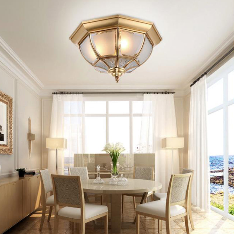 14 "/18" W Sfacettato Dining Room Flush Lampada Tradizionale Vetro Chiaro 3/4 Luci Brass Finish Soffitto Illuminazione