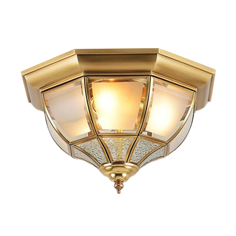 14"/18" W Faceted Dining Room Flush Lamp Traditional Clear Glass 3/4 Lights Brass Finish Ceiling Lighting