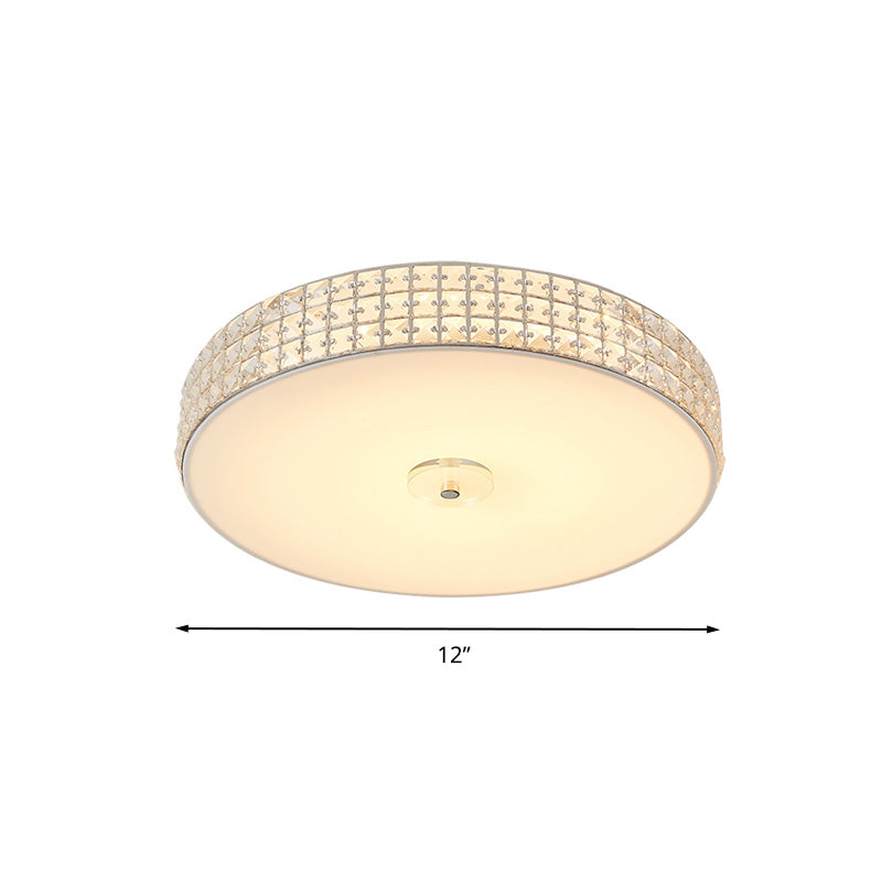 Plafonnier LED K9 en forme de tambour en cristal, éclairage minimaliste argenté de 12/16/19.5 pouces de large, pour chambre à coucher