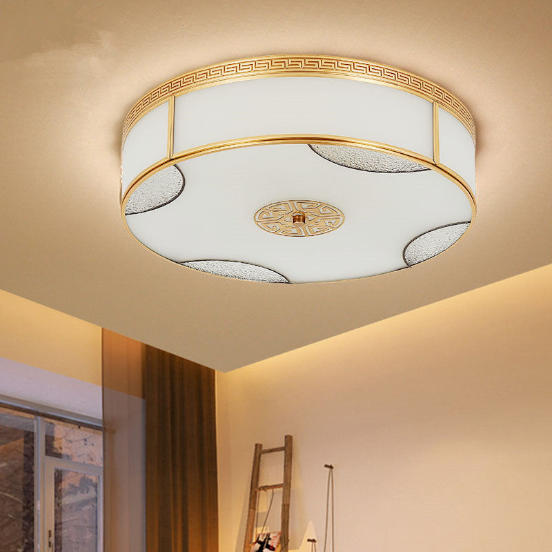 Chinese Style Drum Flush Plafond Licht 14 "/18" /21.5 " W 3/4/6-Light Matte White Glass Flushmount Verlichting in Brass