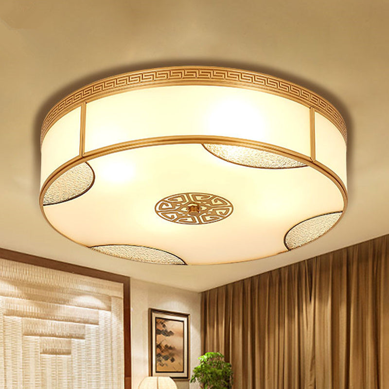 Chinese Style Drum Flush Ceiling Light 14"/18"/21.5" W 3/4/6-Light Matte White Glass Flushmount Lighting in Brass