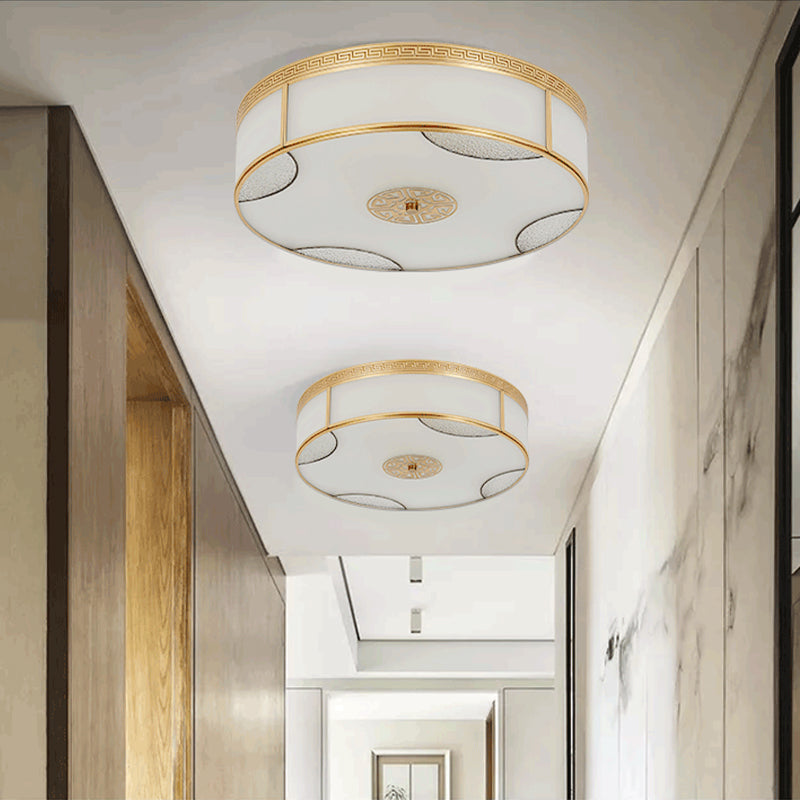 Chinese Style Drum Flush Ceiling Light 14"/18"/21.5" W 3/4/6-Light Matte White Glass Flushmount Lighting in Brass