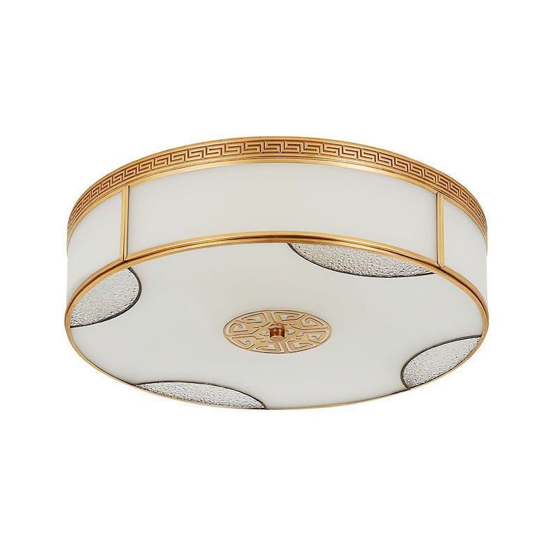 Luz de techo de tambor de estilo chino 14 "/18" /21,5 " w 3/4/6-Luz de montaje de vidrio blanco mate ligero en Brass