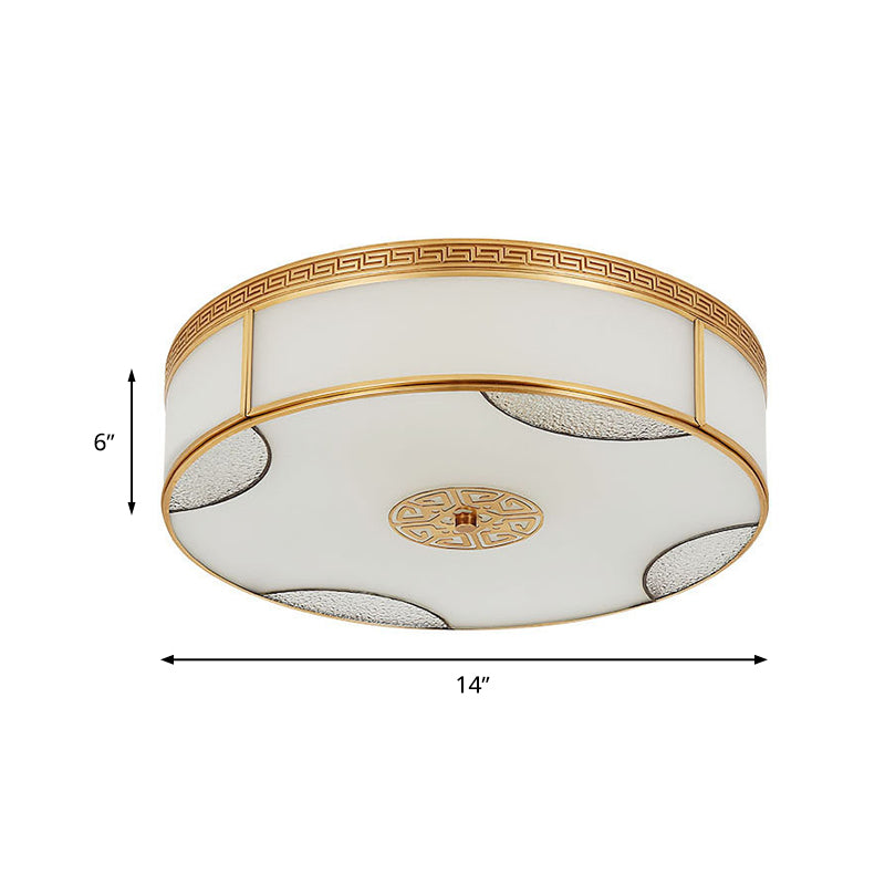 Chinese Style Drum Flush Plafond Licht 14 "/18" /21.5 " W 3/4/6-Light Matte White Glass Flushmount Verlichting in Brass