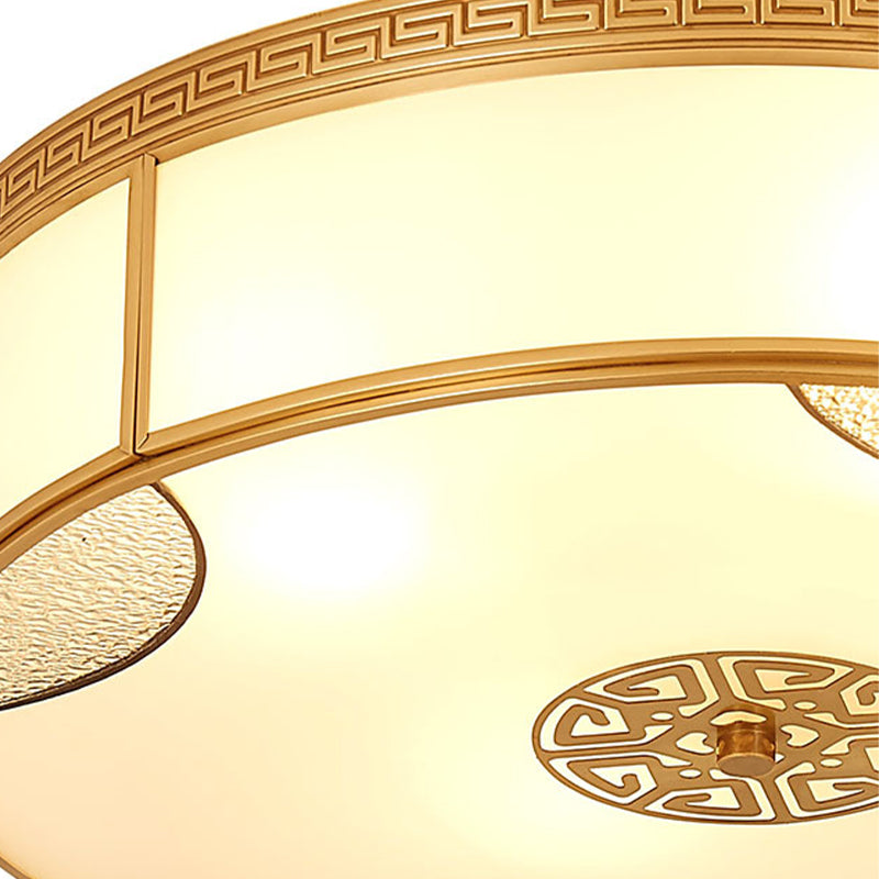 Chinese Style Drum Flush Ceiling Light 14"/18"/21.5" W 3/4/6-Light Matte White Glass Flushmount Lighting in Brass