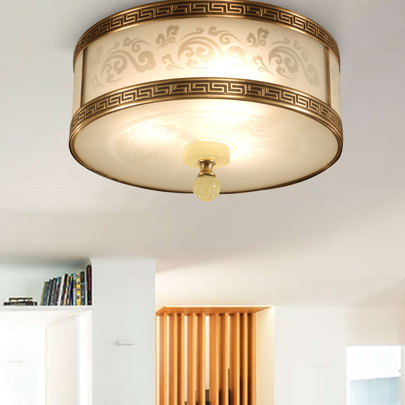 2/3/4 Light Frosted Glass Flush Light Chinese Style Brass Finish Drum Shape Montaggio Luce, 11,5 "/13" /17 " Dia