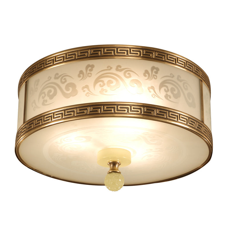 2/3/4 Licht Frosted Glas Flush Licht Chinese Stijl Messing Finish Drum Vorm Plafond Mount Licht, 11.5"/13"/17" Dia