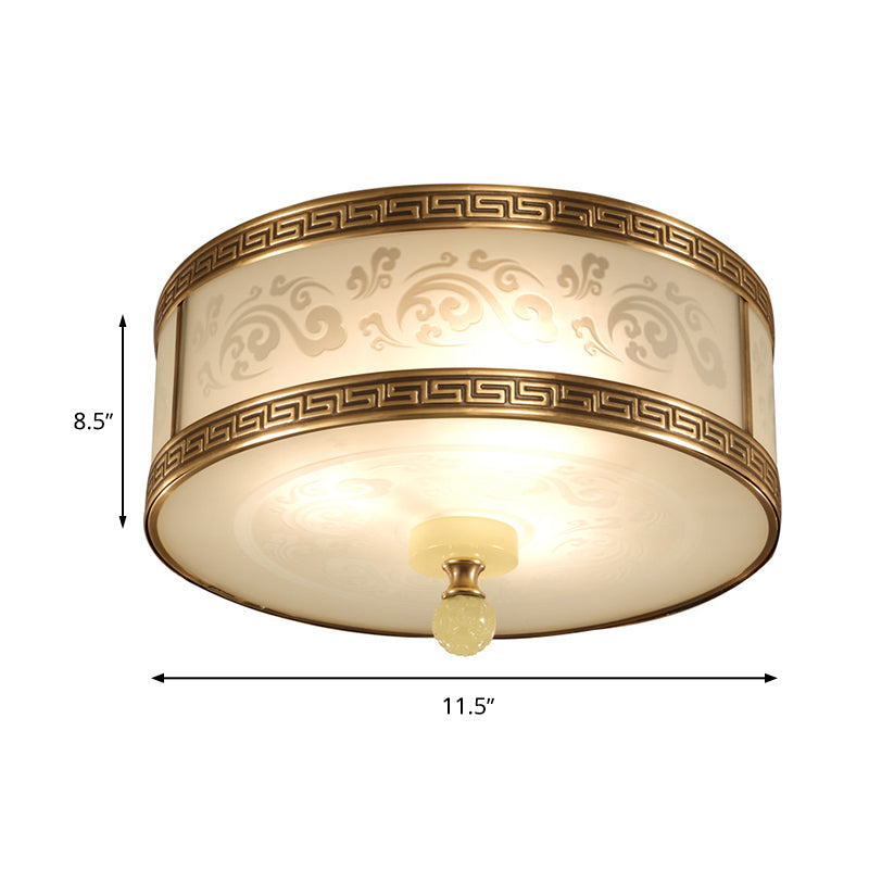 2/3/4 Light Frosted Glass Flush Light Chinese Style Brass Finish Drum Shape Ceiling Mount Light, 11.5"/13"/17" Dia