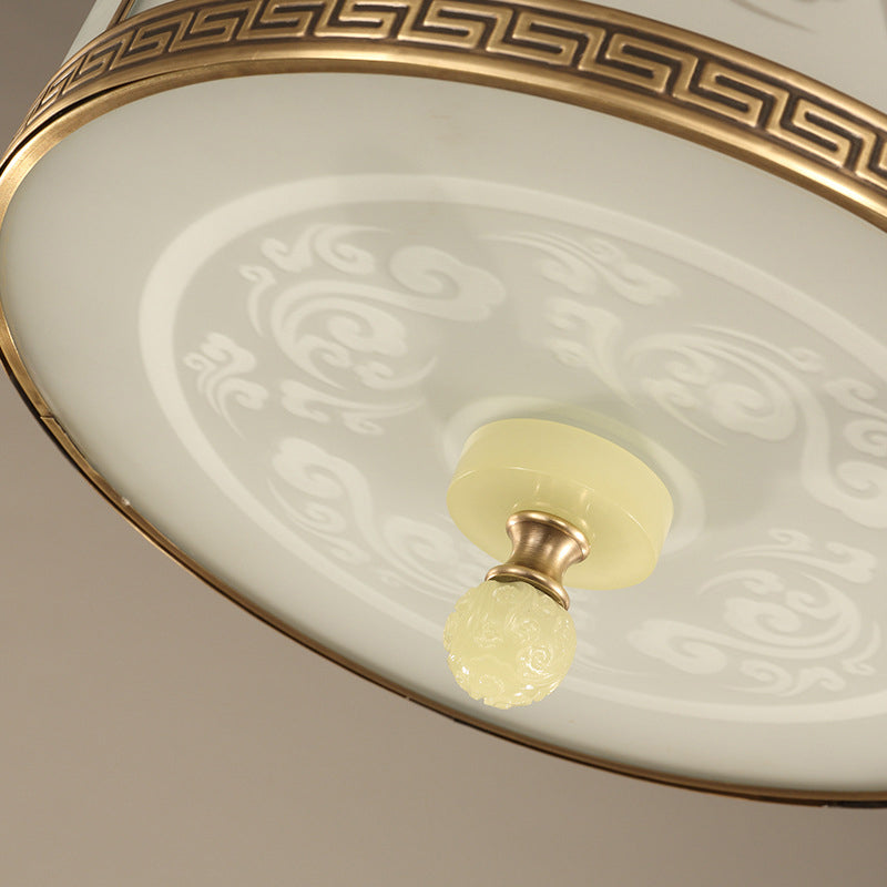 2/3/4 Light Frosted Glass Flush Light Chinese Style Brass Finish Drum Shape Ceiling Mount Light, 11.5"/13"/17" Dia