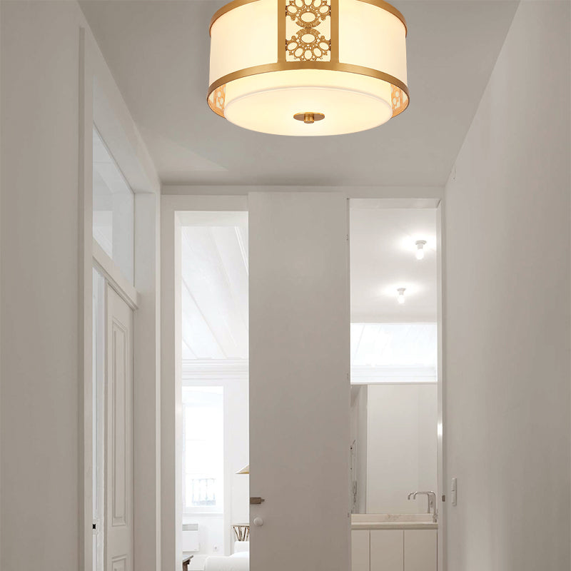 16 "/19.5" Dia Messing Afwerking 3/4-Licht Plafond Lamp Minimalistisch Ondoorzichtig Glas Dubbele Ronde Flush Mount Licht