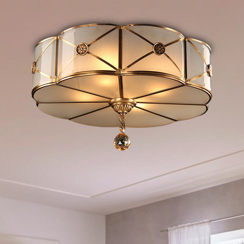 14 "/18" W 3/4-Light Floral Flush Lighting Retro Style Brass Finish Opal White Glass Ceiling Lamp with Crystal Drop