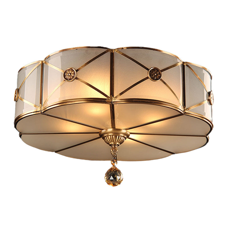 14 "/18" W 3/4-Light Floral Flush Lighting Retro Style Brass Finish Opal White Glass Ceiling Lamp with Crystal Drop