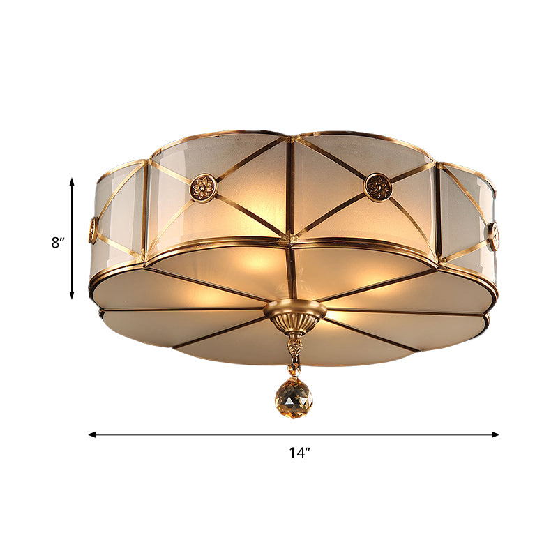 14 "/18" W 3/4-Light Floral Flush Lighting Retro Style Brass Finish Opal White Glass Ceiling Lamp with Crystal Drop