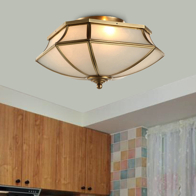 3 Lumières Beveled Ceiling Lamp Classic Brass Finish Opal Glass Shade Flush Mount Light