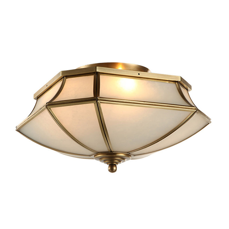 3 Lights Beveled Ceiling Lamp Classic Brass Finish Opal Glass Shade Flush Mount Light