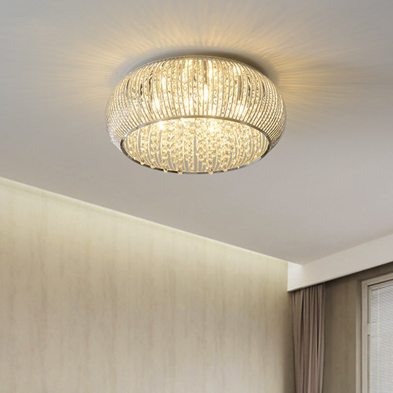 Minimalist Drum Crystal Beaded Flush Mount 8 Heads Ceiling Light Fixture in Chrome