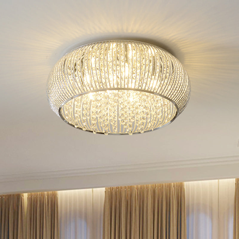 Minimalist Drum Crystal Beaded Flush Mount 8 Heads Ceiling Light Fixture in Chrome