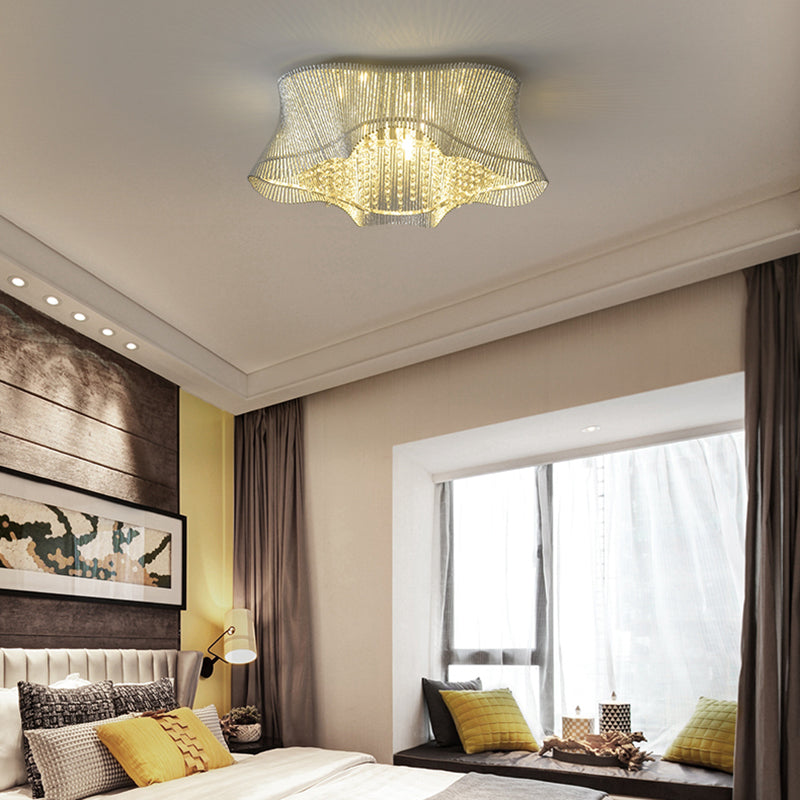 7 Heads Bedroom Ceiling Lamp Simple Chrome Flush Mount Fixture with Wavy Crystal Rod Shade