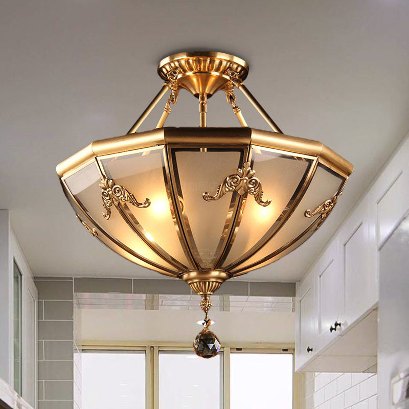 Brass 4 Lights Semi Flush Mount Chandelier Traditional Curved Frosted Glass Dome Ceiling Mounted Light for Living Room