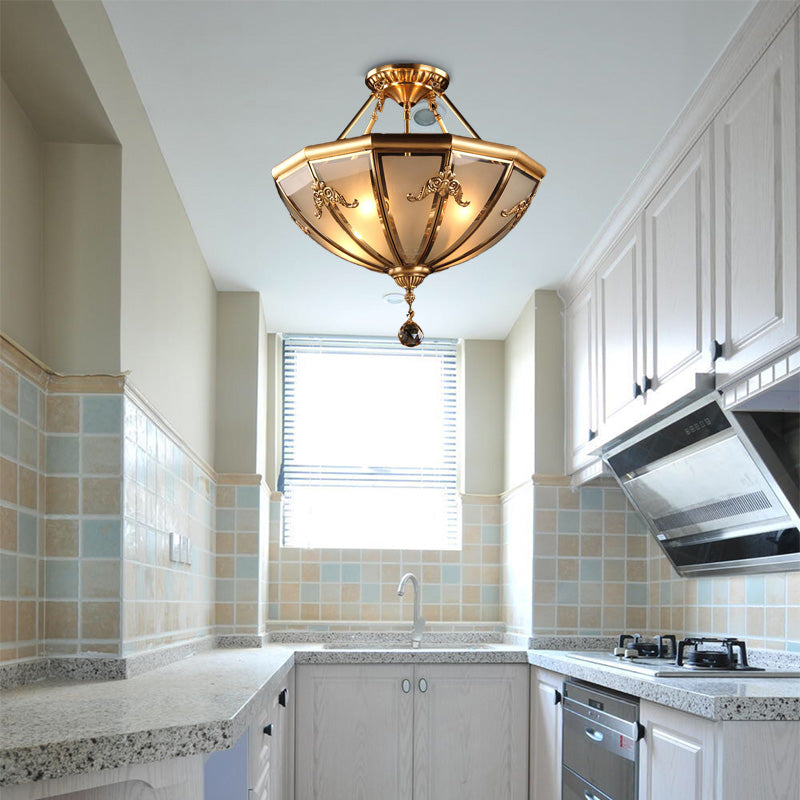 Brass 4 Lights Semi Flush Mount Chandelier Traditional Curved Frosted Glass Dome Ceiling Mounted Light for Living Room