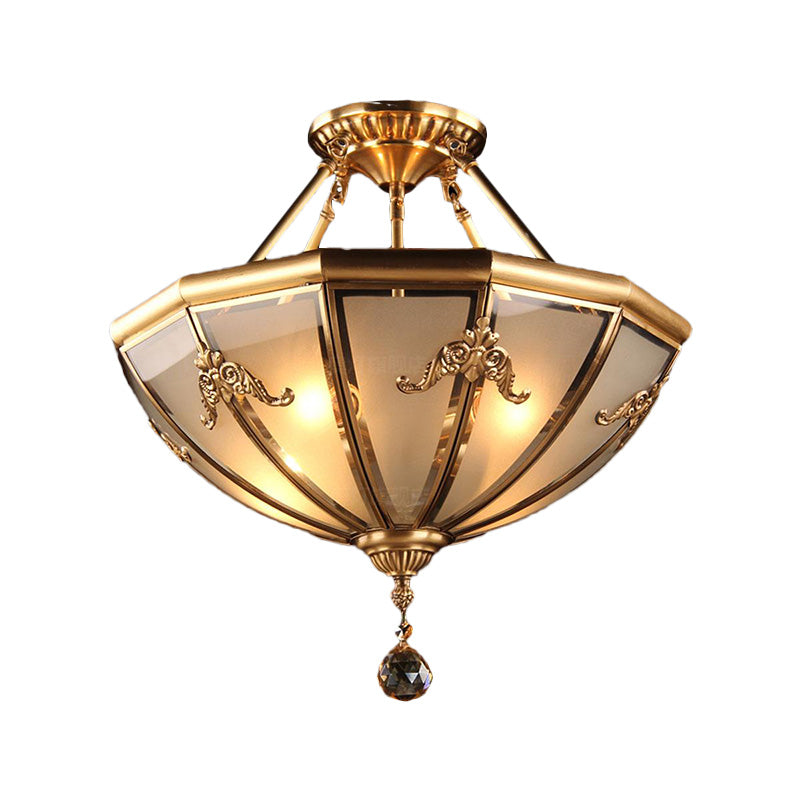 Brass 4 Lights Semi Flush Mount Chandelier Traditional Curved Frosted Glass Dome Ceiling Mounted Light for Living Room