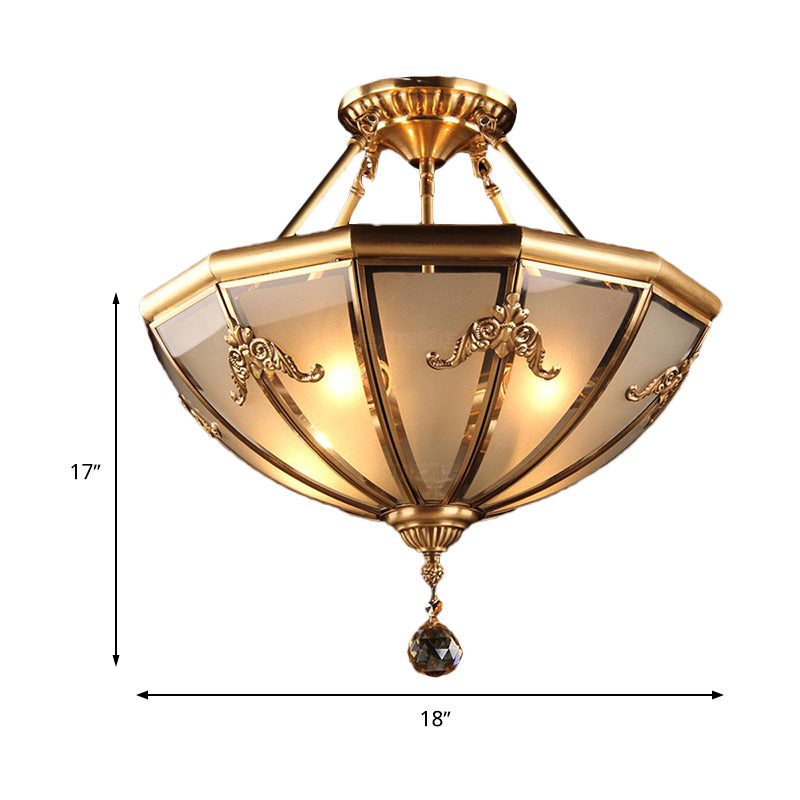 Brass 4 Lights Semi Flush Mount Chandelier Traditional Curved Frosted Glass Dome Ceiling Mounted Light for Living Room