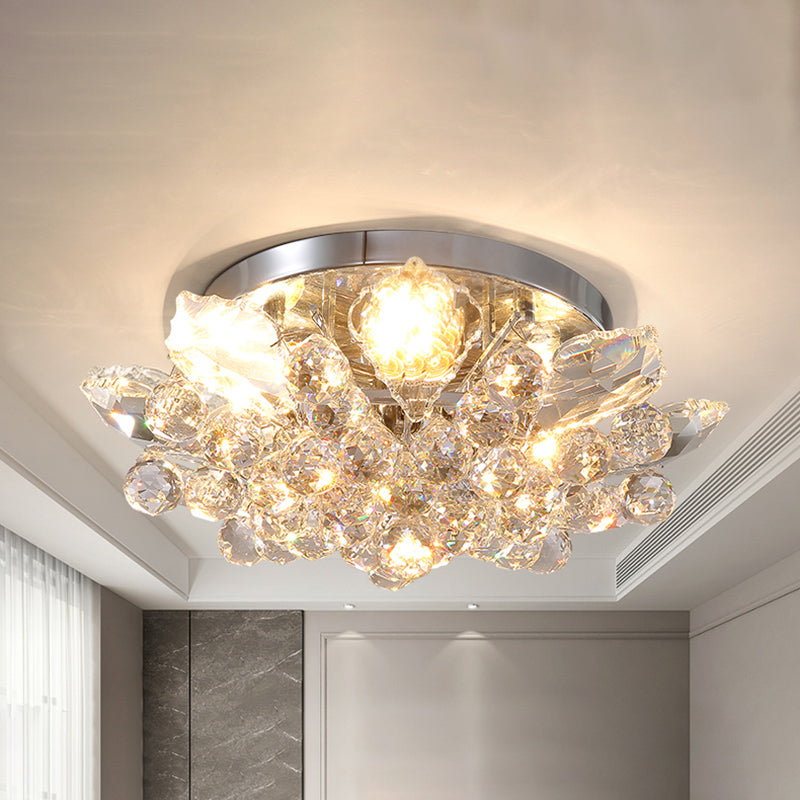 Éclairage de plafond en cascade avec boule de cristal transparent, montage semi-encastré contemporain à LED or/argent