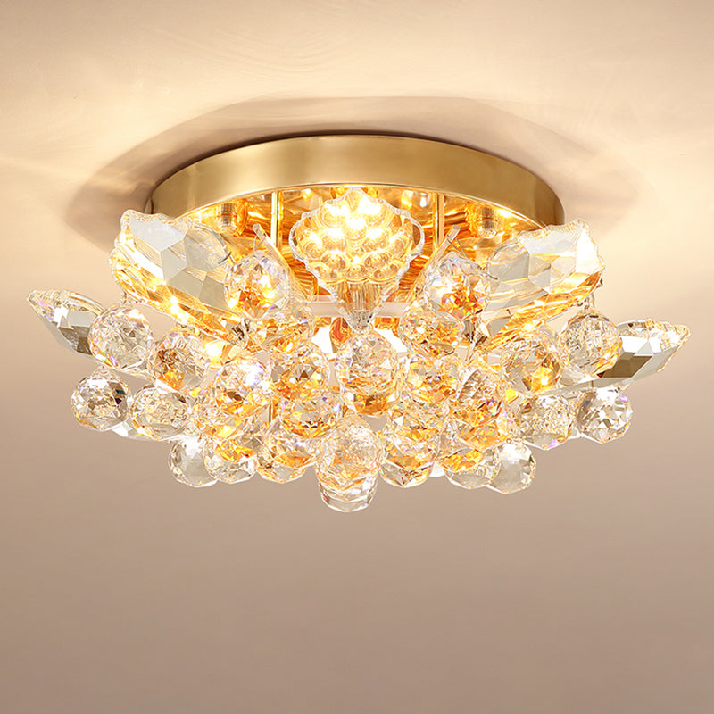 Éclairage de plafond en cascade avec boule de cristal transparent, montage semi-encastré contemporain à LED or/argent