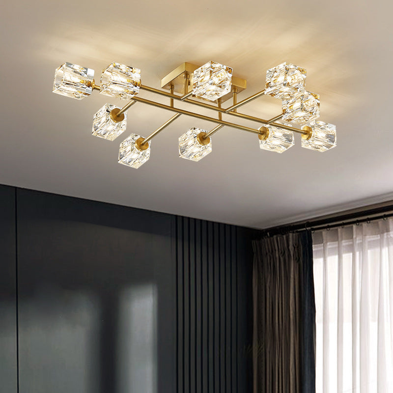 Square Crystal Shade LED Semi Flush Mount in Modern Luxury Style Ceiling Light with Copper Strip