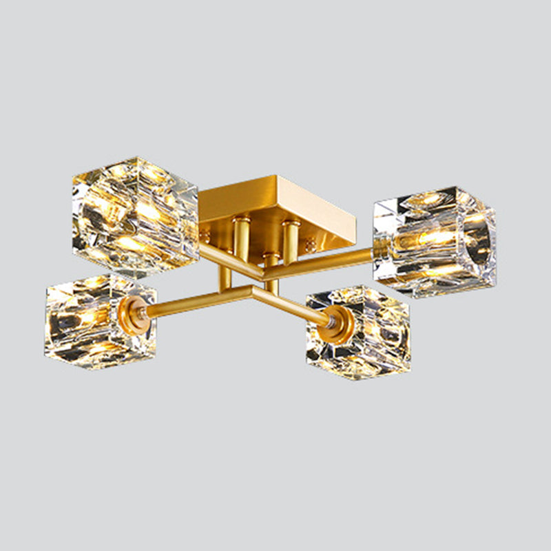 Square Crystal Shade LED Semi Flush Mount in Modern Luxury Style Ceiling Light with Copper Strip