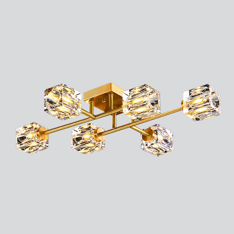 Square Crystal Shade LED Semi Flush Mount in Modern Luxury Style Ceiling Light with Copper Strip