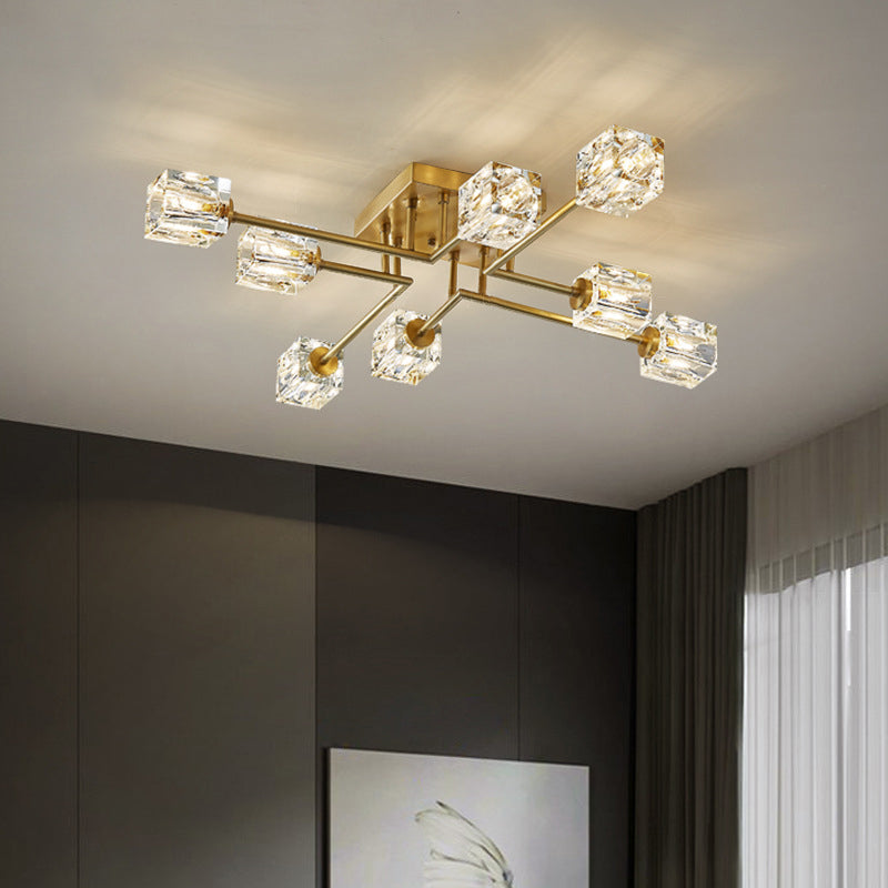 Square Crystal Shade LED Semi Flush Mount en plafond de style de luxe moderne avec bande de cuivre