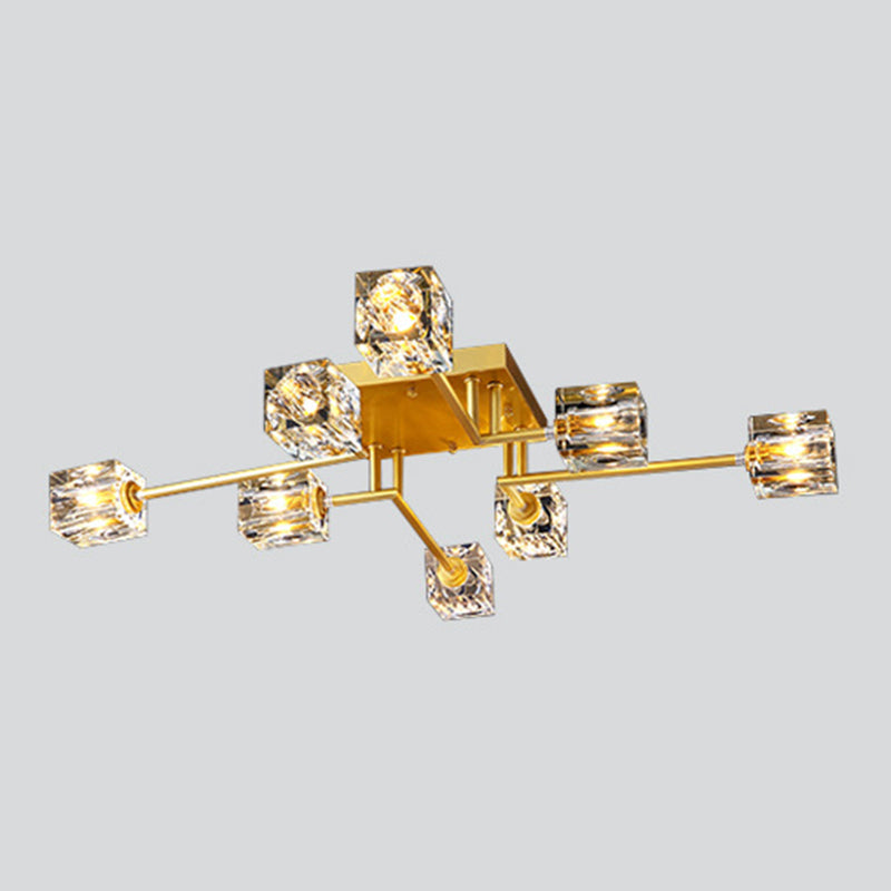 Square Crystal Shade LED Semi Flush Mount en plafond de style de luxe moderne avec bande de cuivre