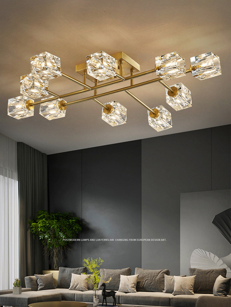 Square Crystal Shade LED Semi Flush Mount in Modern Luxury Style Ceiling Light with Copper Strip