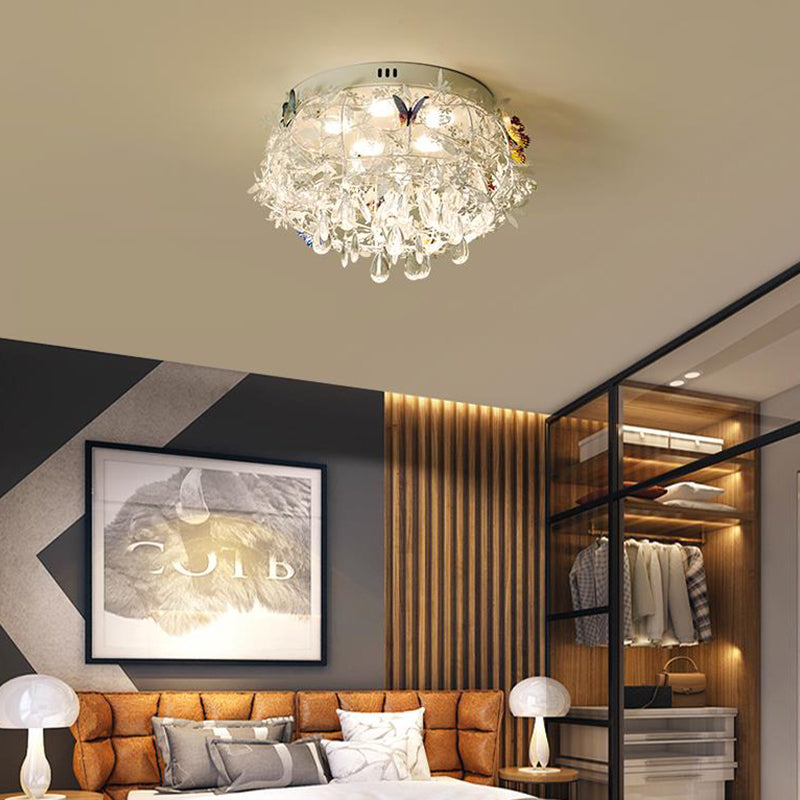 18"/23.5" Wide Cascade Ceiling Mounted Light Contemporary Teardrop Crystal 5 Heads Nickel Flush Light