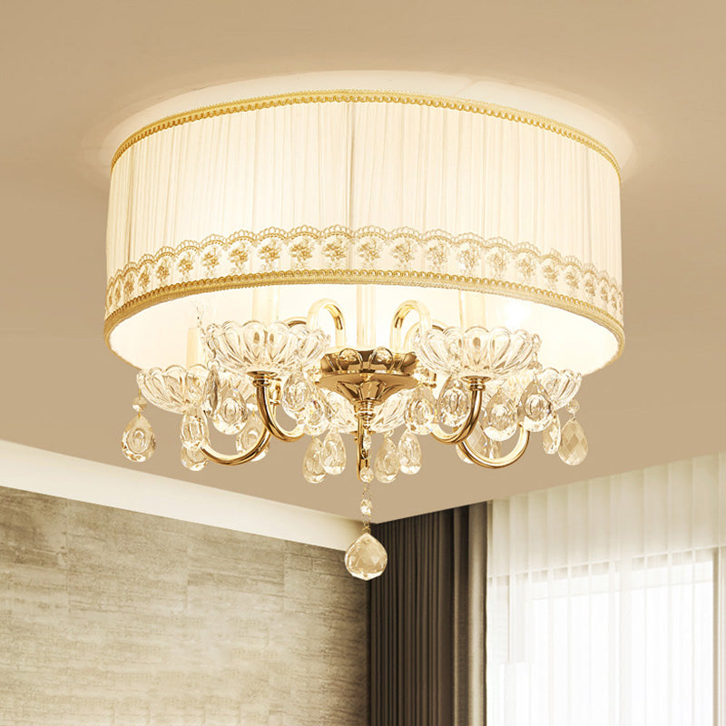 Bianco Candela Flush Light Fixture Moderne 5 Teste Crystal Drop Massimale Montato Light con Fabric Shade