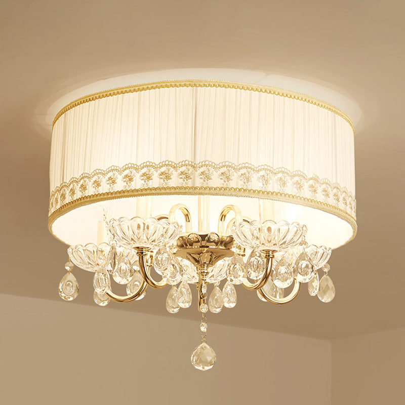 Bianco Candela Flush Light Fixture Moderne 5 Teste Crystal Drop Massimale Montato Light con Fabric Shade