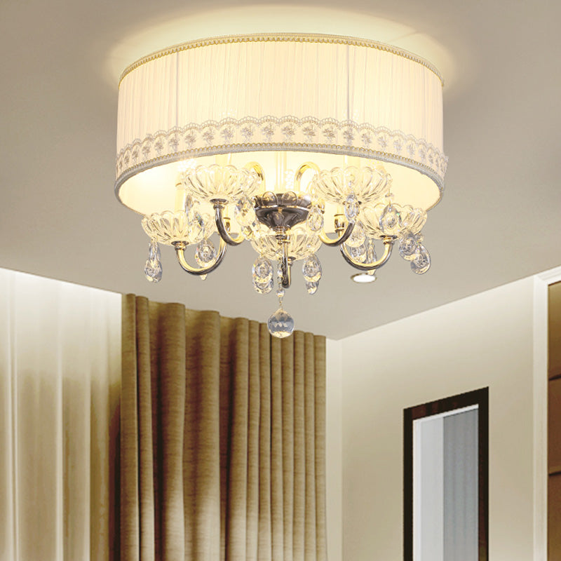 Bianco Candela Flush Light Fixture Moderne 5 Teste Crystal Drop Massimale Montato Light con Fabric Shade