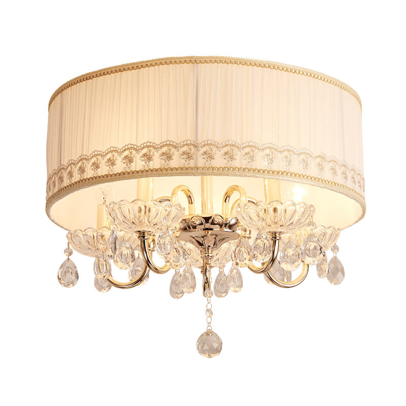 White Candle Flush Light Fixture Modern 5 Heads Crystal Drop Ceiling Mounted Light with Fabric Shade