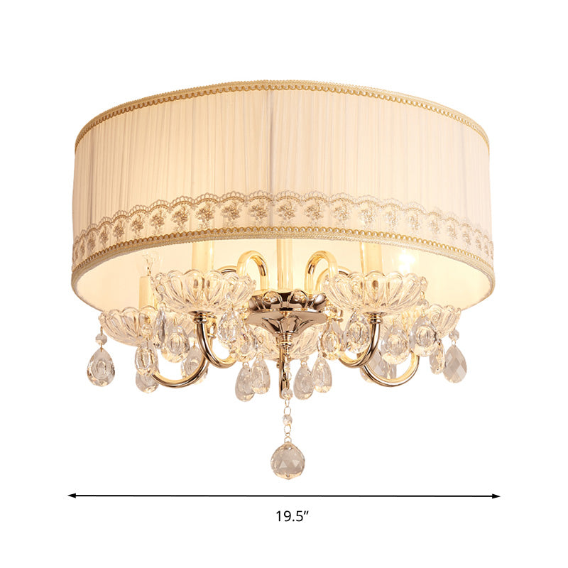 Bianco Candela Flush Light Fixture Moderne 5 Teste Crystal Drop Massimale Montato Light con Fabric Shade