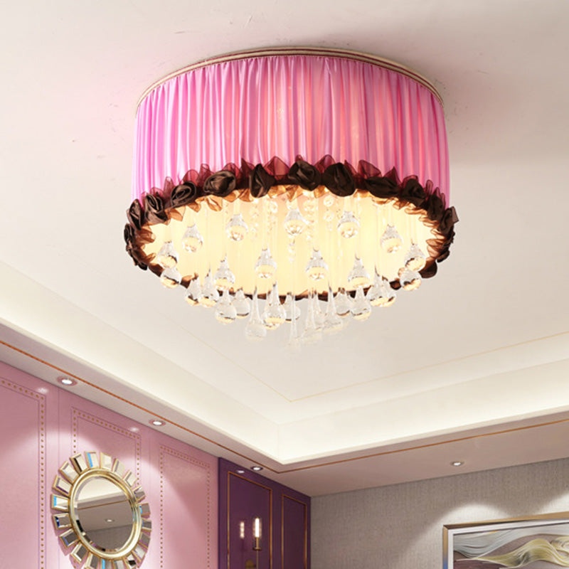 Drum Flush Mount Lamp Modern Waterdrop Crystal Orange Pink/Purple LED Ceiling Light Fixture