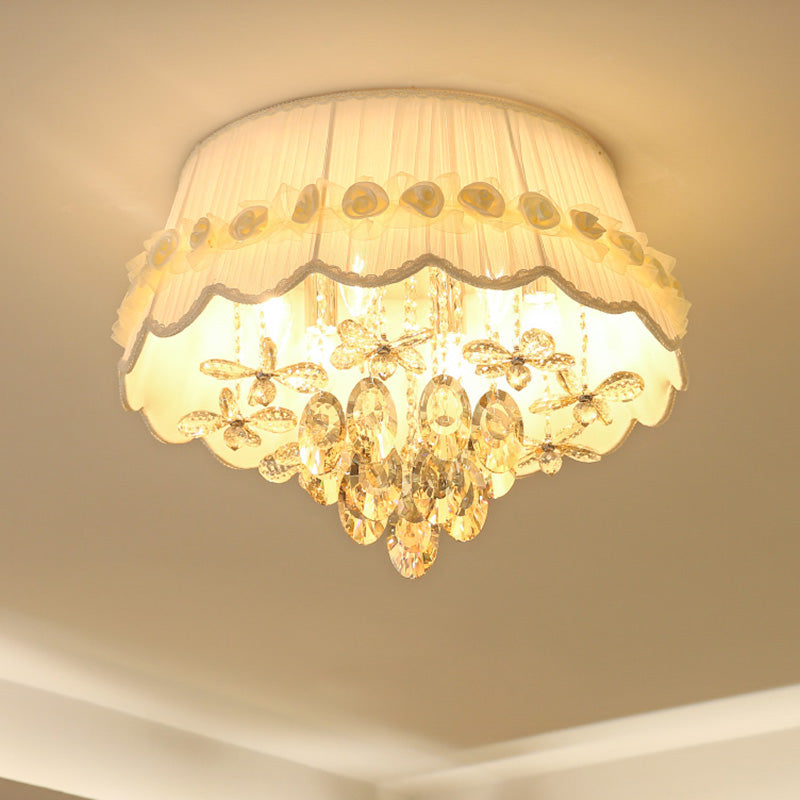 White Scalloped Flush Mount Light Simple Style 6/8 Heads Crystal Drop Ceiling Lighting