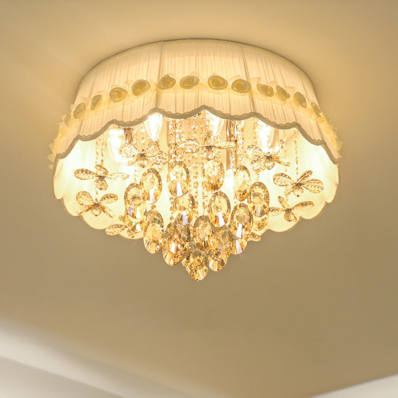 White Scalloped Flush Mount Light Simple Style 6/8 Heads Crystal Drop Ceiling Lighting