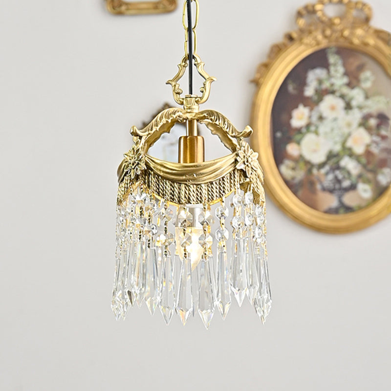 Vintage Brass Petal Relief Suspension Light avec des barres de cristal pendents 6,7 pouces de large entrée du couloir