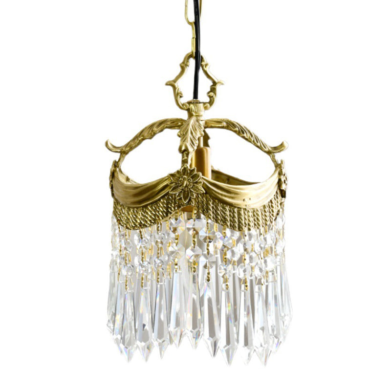 Vintage Brass Petal Relief Suspension Light with Crystal Bars Pendants 6.7 Inches Wide Corridor Entrance Mini Lighting Fixture