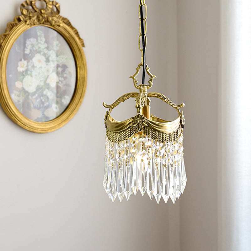 Vintage Brass Petal Relief Suspension Light with Crystal Bars Pendants 6.7 Inches Wide Corridor Entrance Mini Lighting Fixture