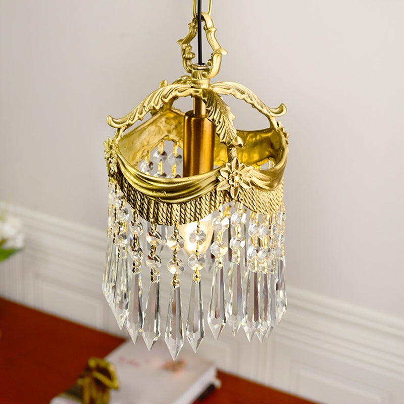 Vintage Brass Petal Relief Suspension Light avec des barres de cristal pendents 6,7 pouces de large entrée du couloir