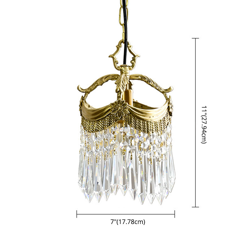 Vintage Brass Petal Relief Suspension Light with Crystal Bars Pendants 6.7 Inches Wide Corridor Entrance Mini Lighting Fixture